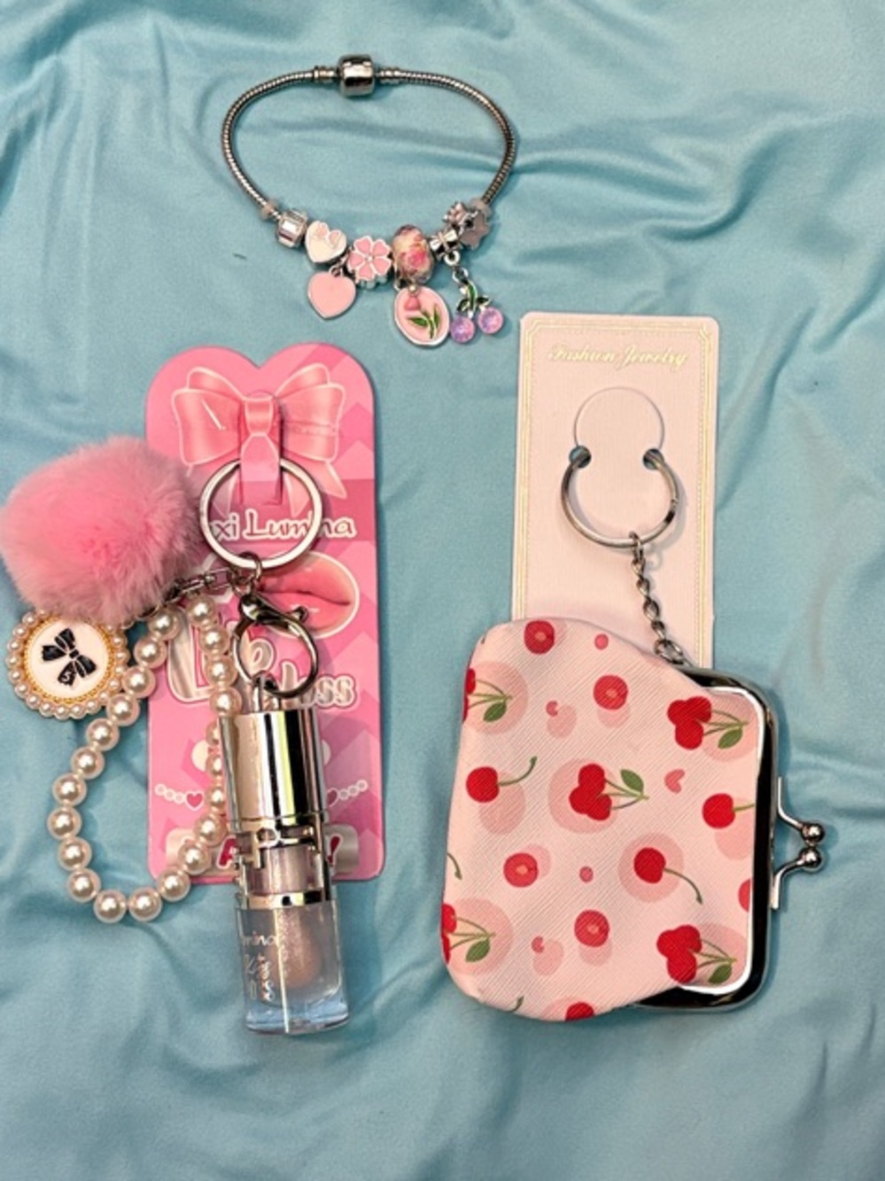 Women’s Pink Cherry Accessory Set-Coin Purse, Charm Bracelet & Makeup Keychain 🍒